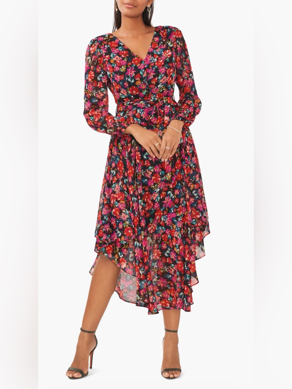 Chaus Floral High-Low Wrap Dress in Black and Red